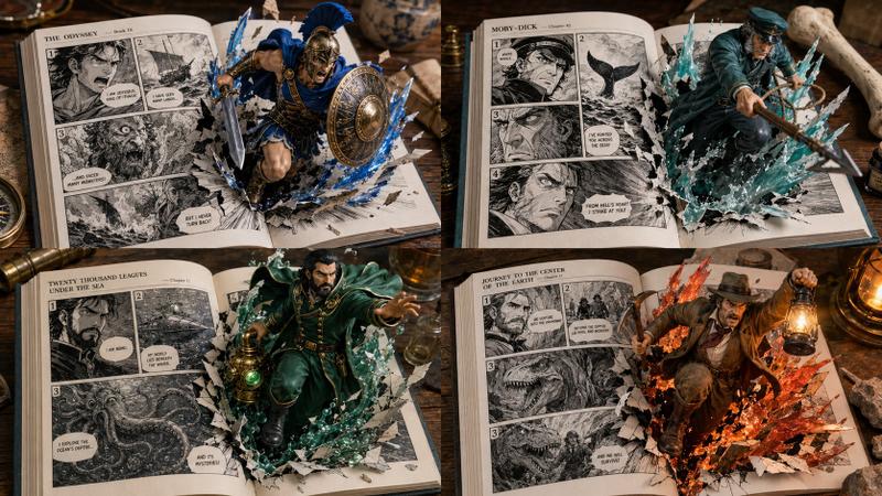2x2 grid, 16:9, do this for 4 epic non-copyrighted books: A macro photog...