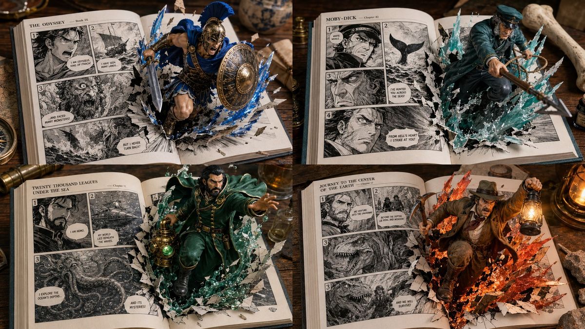 2x2 grid, 16:9, do this for 4 epic non-copyrighted books: A macro photog...