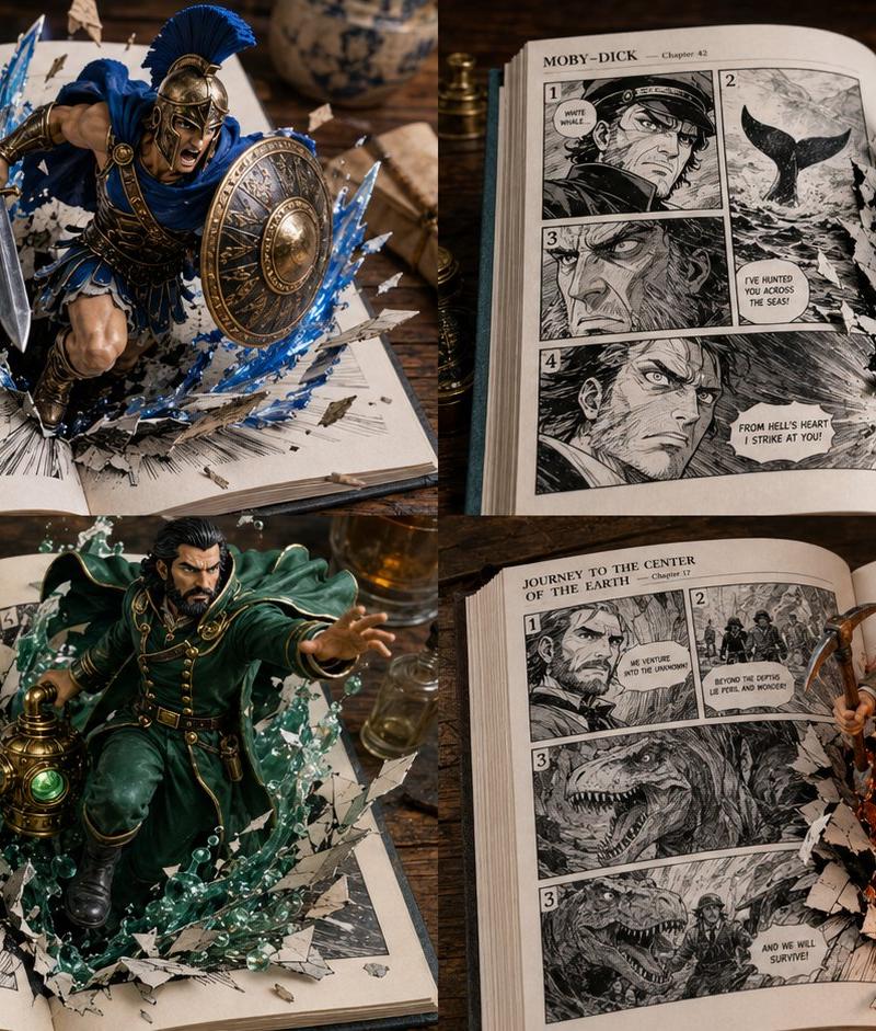 2x2 grid, 16:9, do this for 4 epic non-copyrighted books: A macro photog...