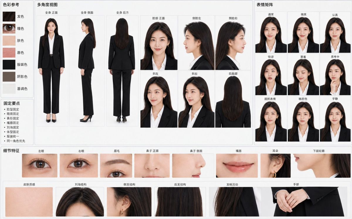 角色身份固定参考图表 GPT Image 2提示词: 根据附带角色原图创建一张“角色身份固定参考图表”,横向 16:10,浅灰白背景,专业视觉资...