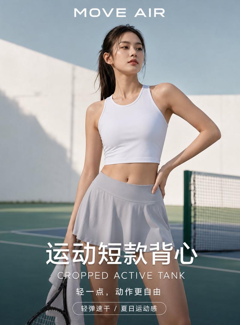 网球场清新活力运动背心时尚海报 GPT Image 2提示词： 高级写实夏装时尚海报，运动短款背心主题，一位成年年轻女性模特站在晨间网球场或极简...