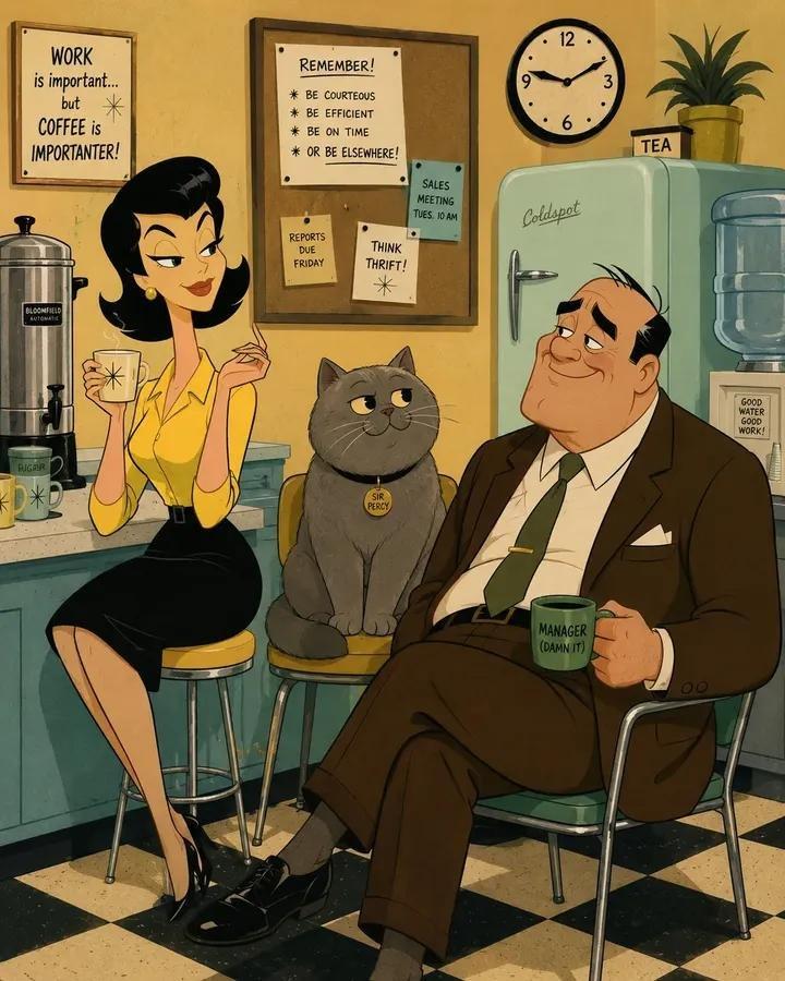 Mid-century theatrical cartoon still featuring [CHARACTER], with [HAIR T...