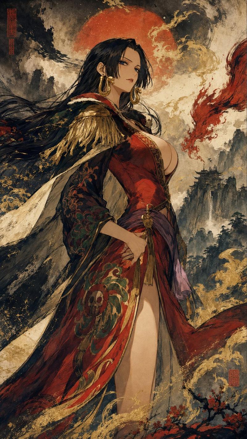 ONE PIECE：Boa Hancock~ 雾山五行风格 请使用下面的prompt生成8张独立的图片（注意，不是多张图片collage到一张里...