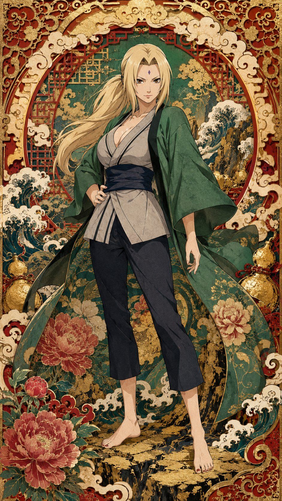 风格炼金术：国画水墨写意 + 葛饰北斋 + 浮世绘 + 极繁主义 + 宫廷剪纸 NARUTO girls～ --- 请使用下面的prompt生成...