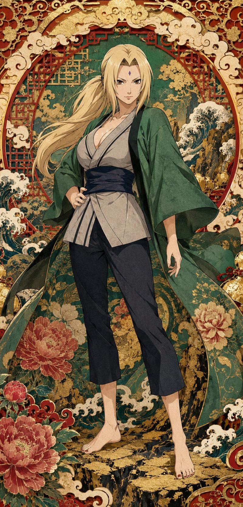 风格炼金术:国画水墨写意 + 葛饰北斋 + 浮世绘 + 极繁主义 + 宫廷剪纸 NARUTO girls~ --- 请使用下面的prompt生成...