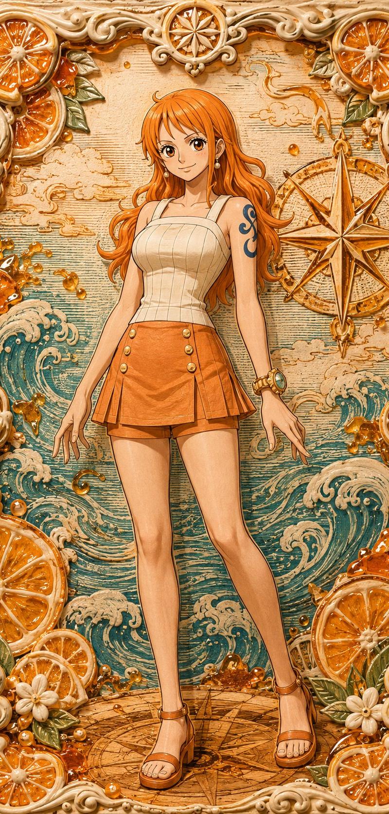 风格炼金术:{糖霜 + 糖画 + 板画} ONE PIECE girls~ --- 请使用下面的prompt生成8张独立的图片(注意,不是多张图...