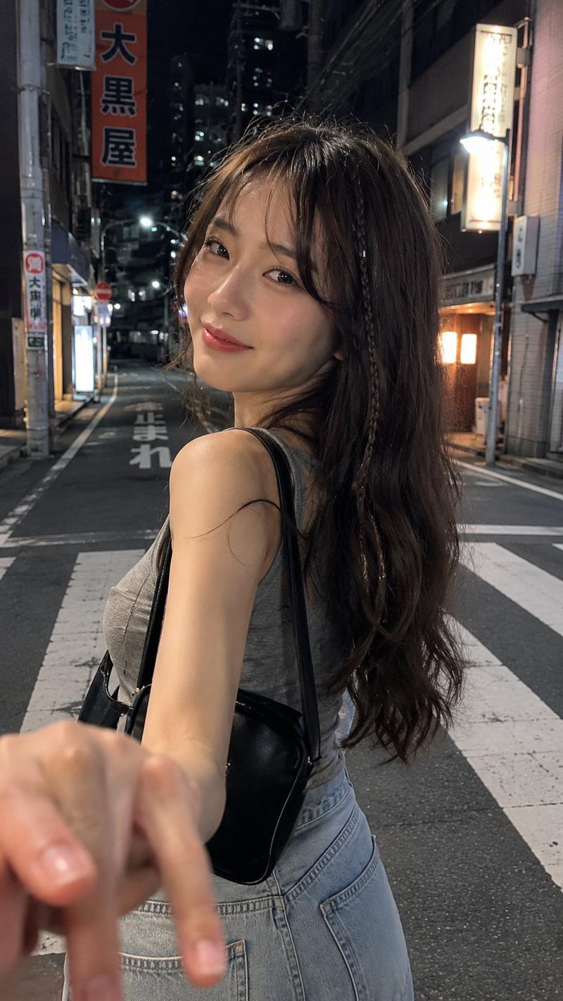 一个坦率的电影风格夜间街头肖像，描绘一位年轻女子在日本街头行走，使用 iPhone 拍摄。长而波浪状的深棕色头发，带有细辫子，柔和的妆容，微妙的...