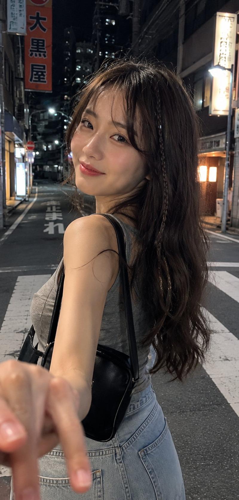 一个坦率的电影风格夜间街头肖像,描绘一位年轻女子在日本街头行走,使用 iPhone 拍摄。长而波浪状的深棕色头发,带有细辫子,柔和的妆容,微妙的...