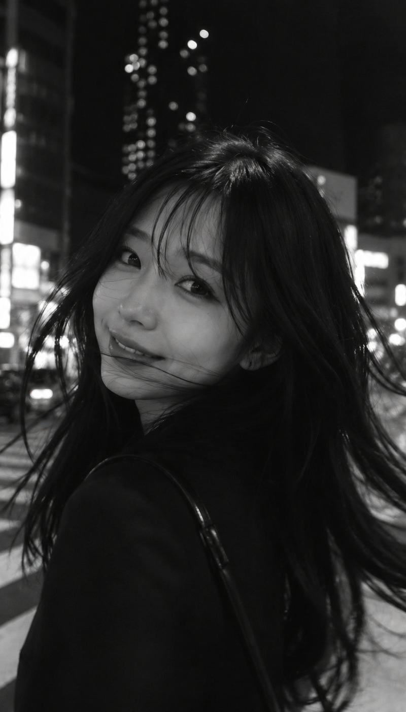 一张黑白电影风格的照片,拍摄于夜晚的城市中,一位年轻女子,长曝光并有意加入运动模糊。她位于前景,略微偏离中心,在动作中途转头,她的及腰长发以柔和...