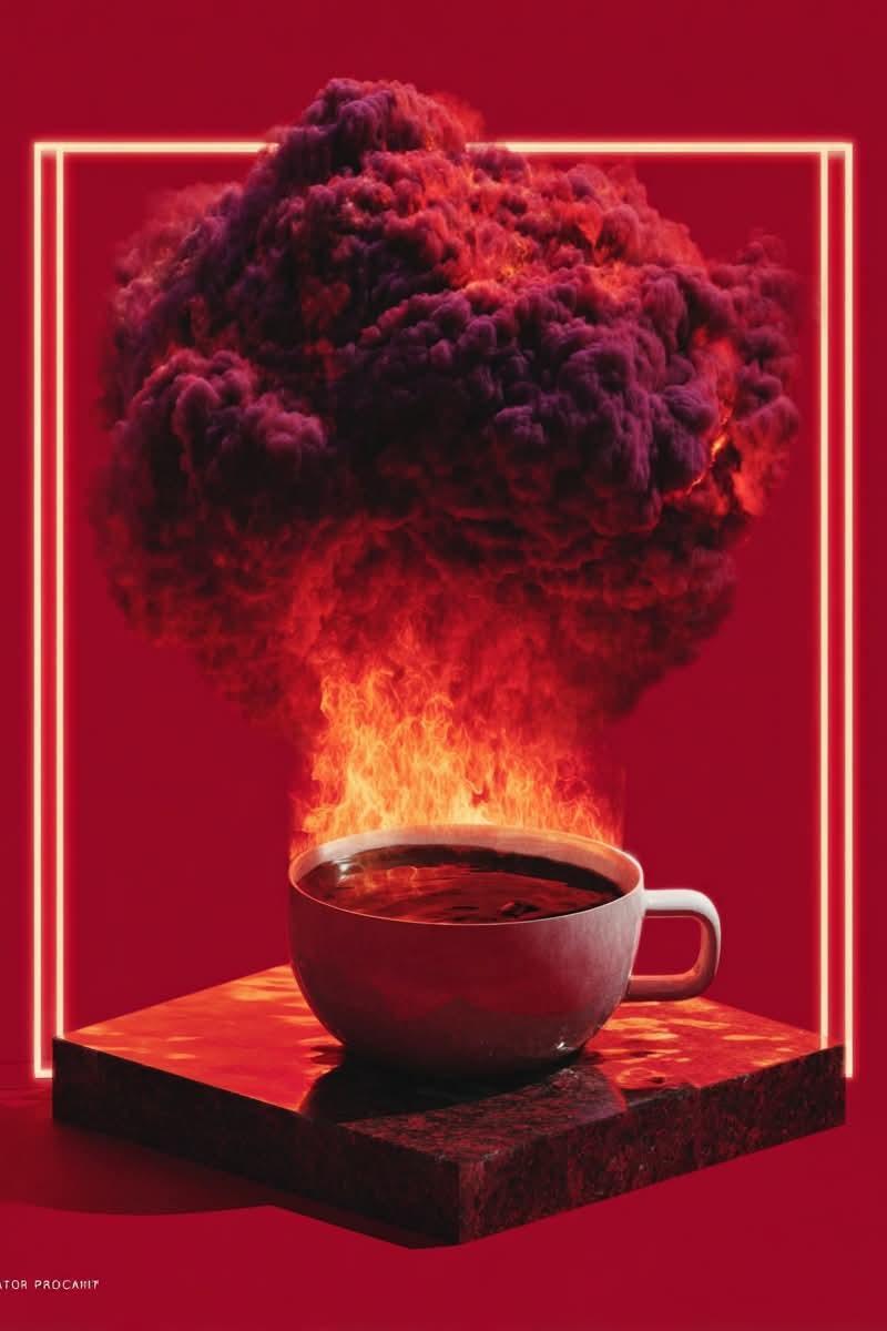 A surreal conceptual composition in monochromatic deep red tones, featur...