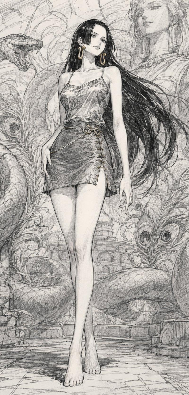 风格炼金术:{极繁线条+铅笔画+速写写生} ONE PIECE girls~ --- 请使用下面的prompt生成8张独立的图片(注意,不是多张...