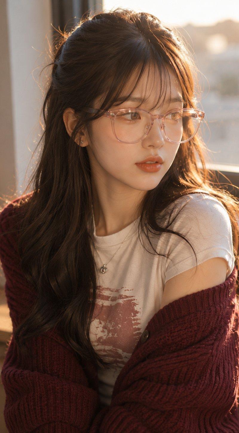 一位美丽年轻女性的电影感金色时段生活肖像,她戴着超大号半透明粉色眼镜,长长的深棕色波浪发半扎起,搭配柔和的帘式刘海。她拥有白皙的瓷器般肌肤、温暖...