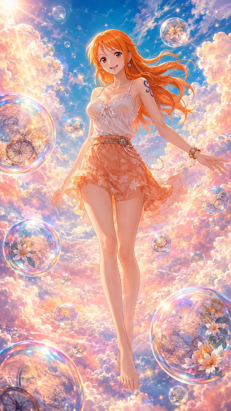 风格炼金术：{肥皂泡+云朵+梦幻笔触} volume --> ONE PIECE --- 请使用下面的prompt生成8张独立的图片（注意，不是...
