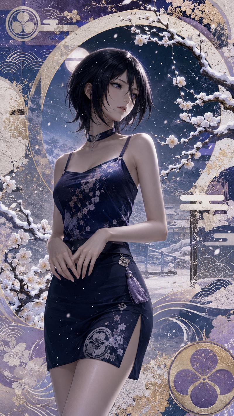 风格炼金术：{极繁主义+浮世绘+半写实} volume -> BLEACH girls --- 请使用下面的prompt生成8张独立的图片（注意...