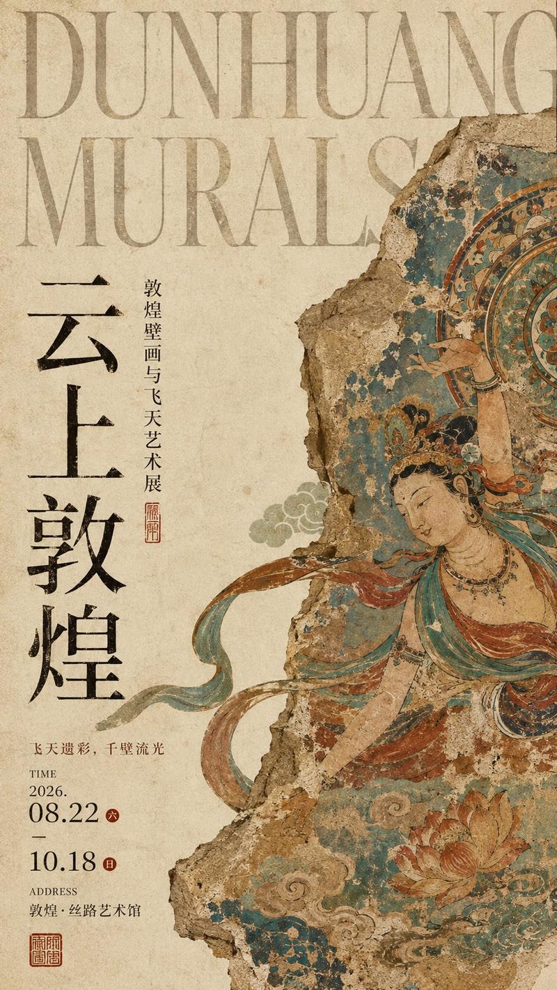 用 ChatGPT-Image2 生成一套文博展览海报，东方宋式美学！ 把不同的古代艺术载体，放进同一套现代编辑视觉里： 1. 云上敦煌 2....
