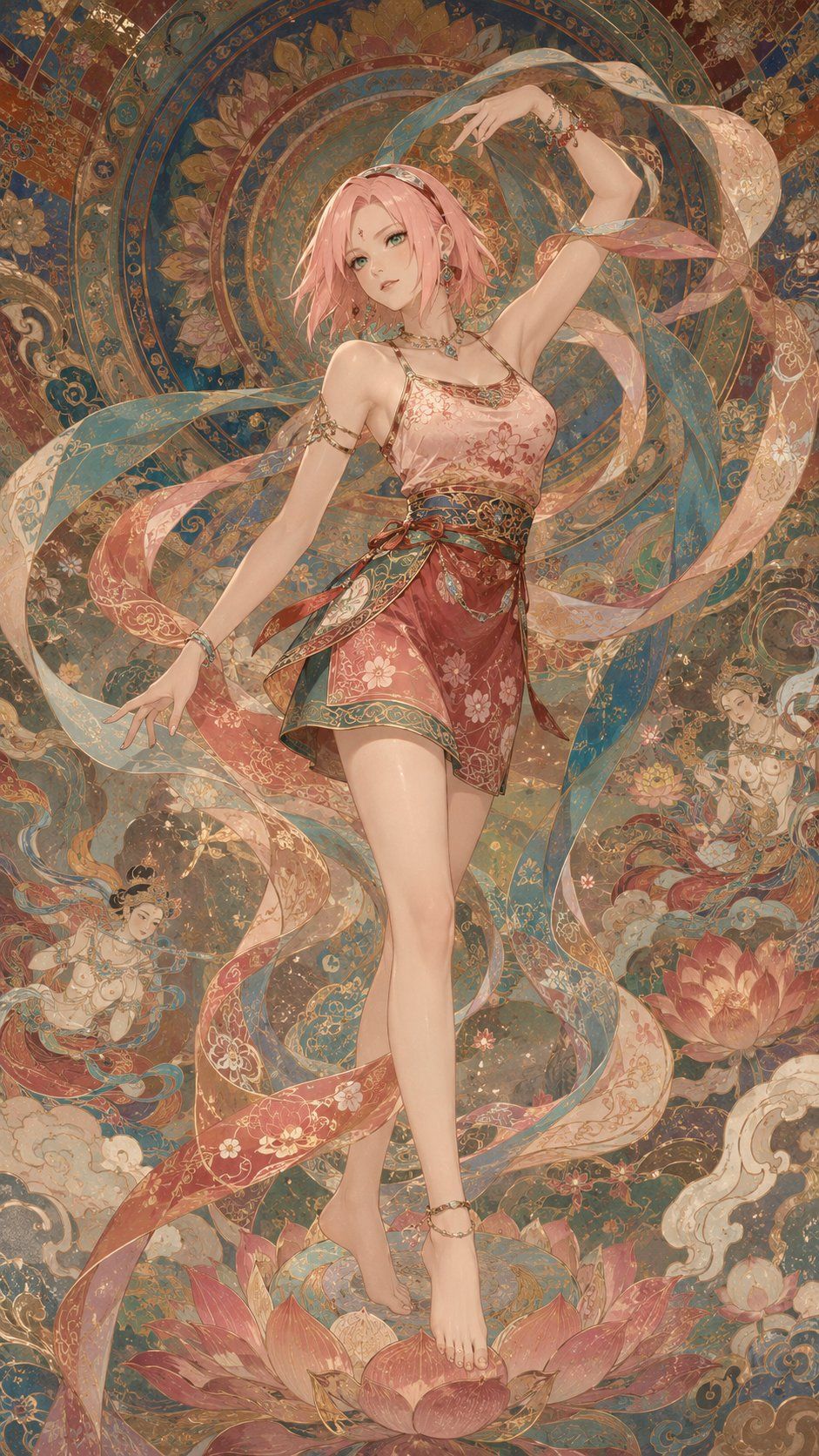 风格炼金术：{极繁主义+半写实+线描+敦煌风} volume -> NARUTO girls~ --- 请使用下面的prompt生成8张独立的图...