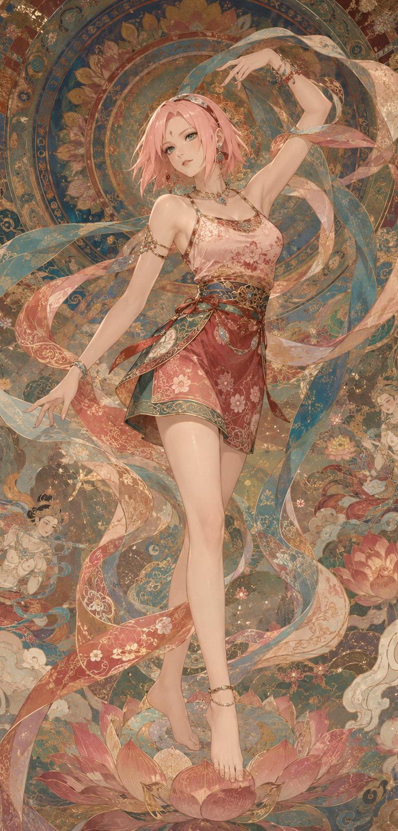 风格炼金术:{极繁主义+半写实+线描+敦煌风} volume -> NARUTO girls~ --- 请使用下面的prompt生成8张独立的图...