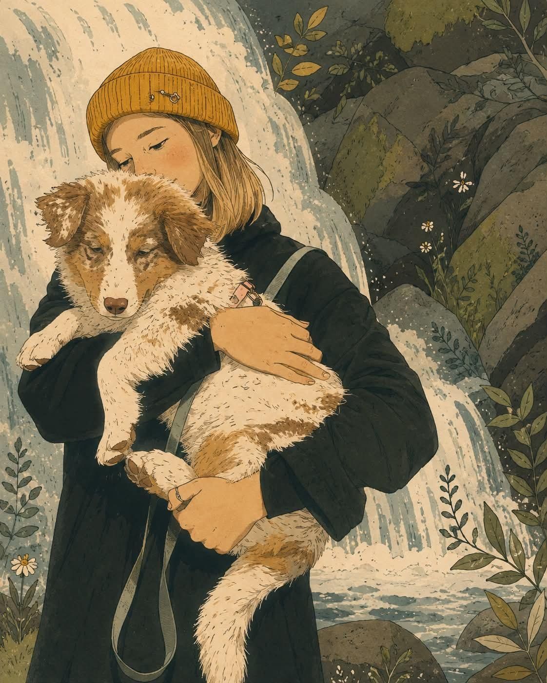 Whimsical storybook illustration of a young woman with short blonde hair...