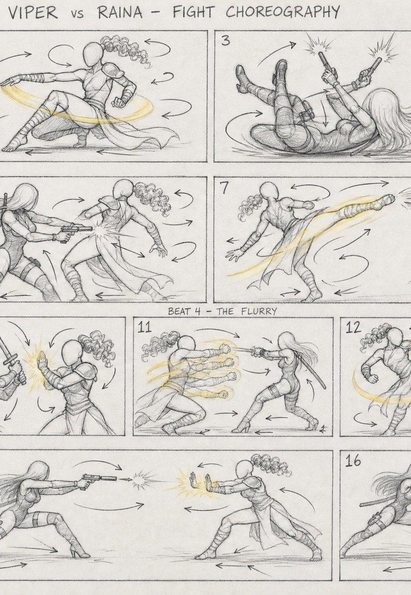 Choreography Sheet prompt in GPT Image 2: A 16:9 fight-choreography stor...