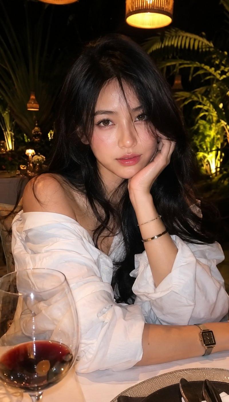 创建一张照片级真实的 iPhone 抓拍照片，内容是参考图片中的那位女士在一家豪华热带餐厅的夜间场景。精确保留她的脸部和样貌特征。她穿着超大号白...