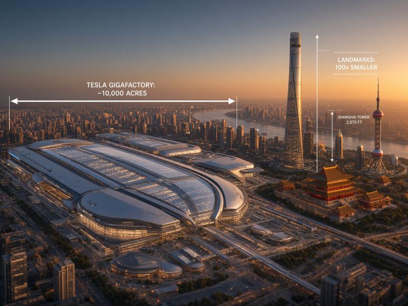 Imagine Image 2.0的文生图效果真的很顶啊，我就一句话，给我一个特斯拉超级工厂和中国知名建筑的一个对比图，然后也就是 10 秒左右...