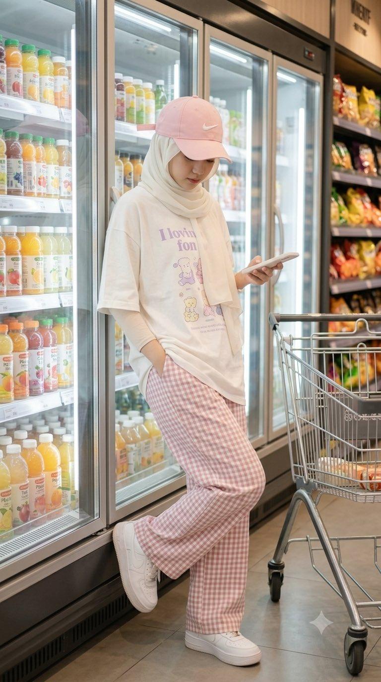 A beautiful young slim woman wearing a hijab is in the beverage aisle of...