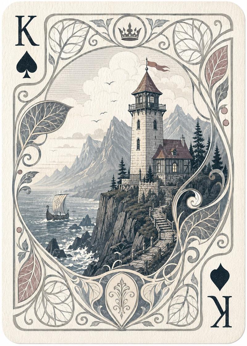 用AI 设计了几张扑克牌很美丽，提示词如下： 复古艺术新潮（Art Nouveau）扑克牌设计，竖版完整卡面，米白色旧纸张纹理，圆角卡牌，细腻手...