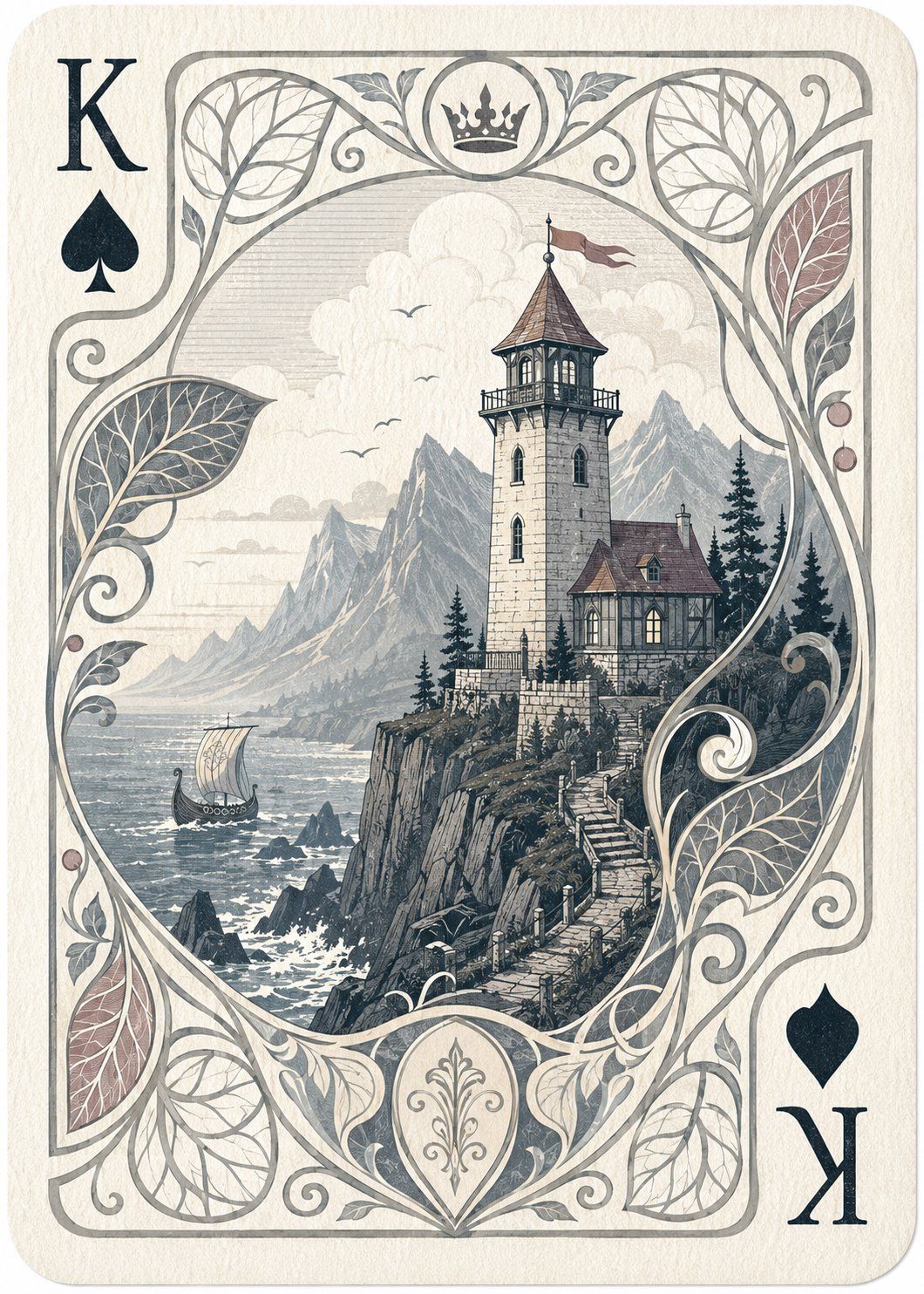 用AI 设计了几张扑克牌很美丽，提示词如下： 复古艺术新潮（Art Nouveau）扑克牌设计，竖版完整卡面，米白色旧纸张纹理，圆角卡牌，细腻手...