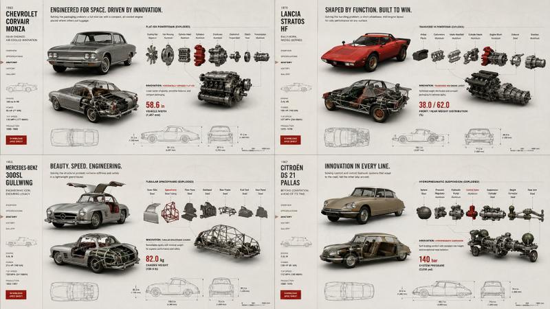2x2 grid, 16:9, do this for 4 real, classic cars with unusual design: 16...