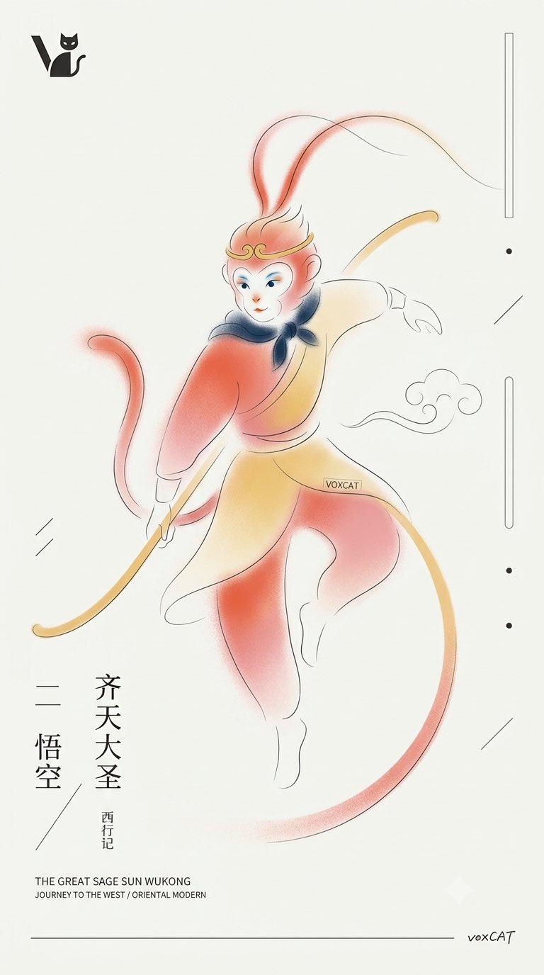这组插画真正高级的地方，不是画得复杂，而是把东方题材压缩成了一套非常现代的视觉语言： 新中式极简 × 日式现代主义海报 × 童稚单线描 × 柔雾...