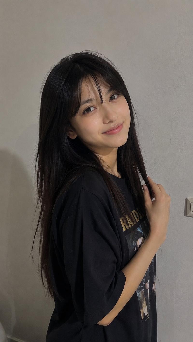 超现实主义休闲智能手机照片,拍摄一位年轻女子站在室内,背景是一面简洁的浅灰色墙壁。她有着长而直的深棕色至黑色头发,自然从中分开来,松散地披散在肩...