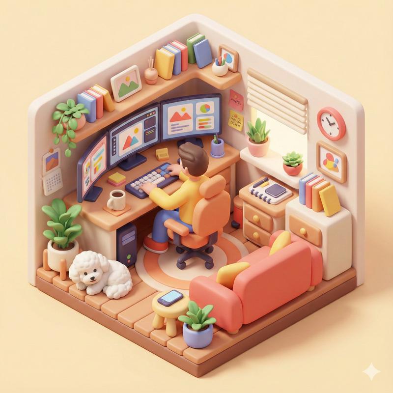 在家办公的3D等距视角插画