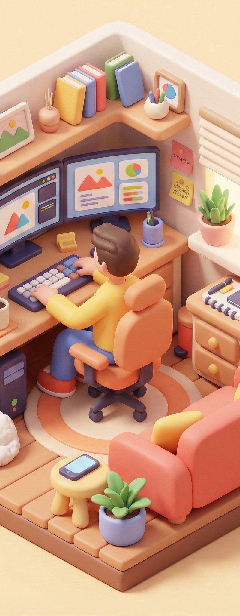 在家办公的3D等距视角插画