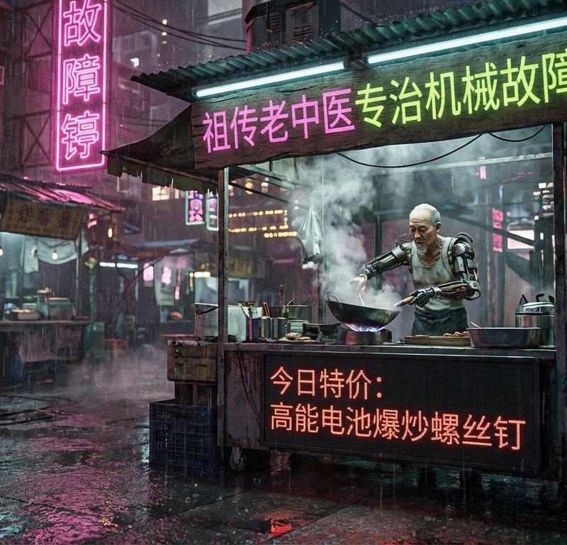 赛博朋克贫民窟中的80年代中式路边摊