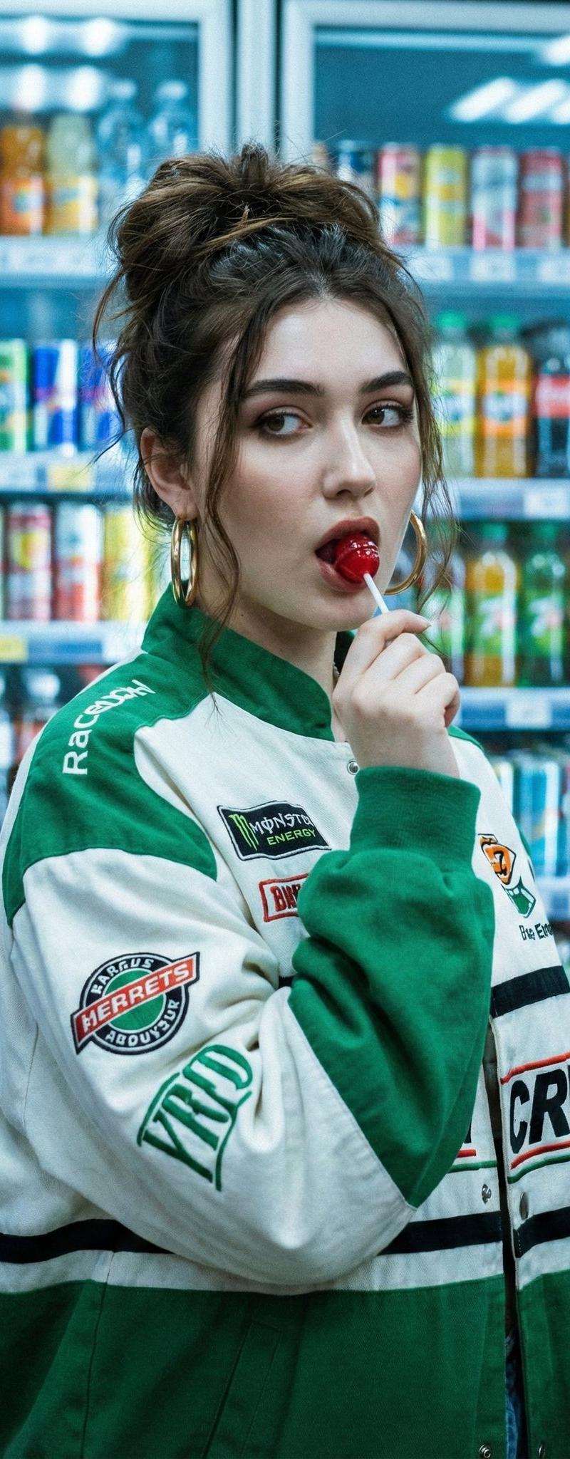 便利店中的90年代风格年轻女性
