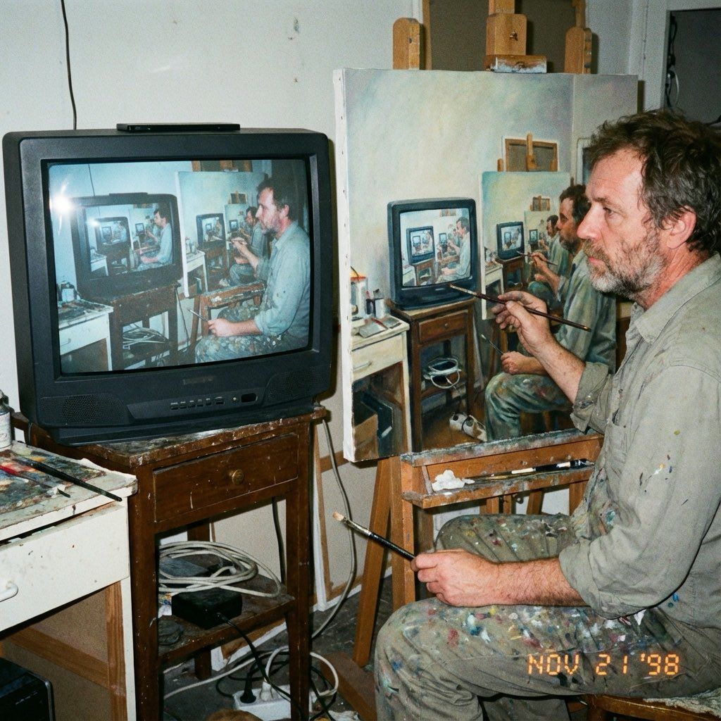 1998年业余摄影师拍摄的艺术家手绘电脑屏幕图像至油画布上的作品，图像本身是艺术家绘画递归图像的照片