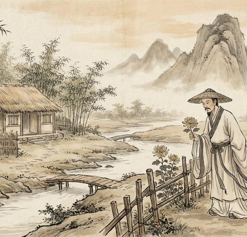 古诗句配图:采菊东篱下,悠然见南山。