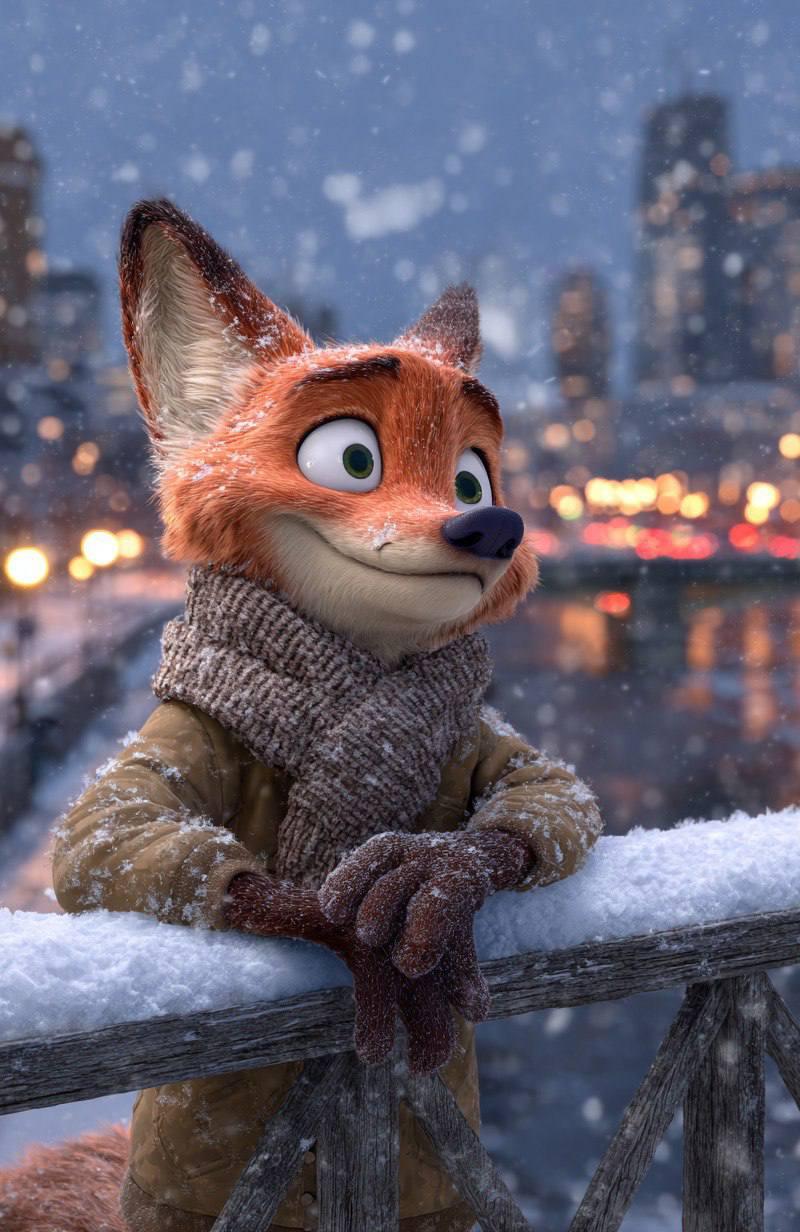 雪桥黄昏下的拟人化狐狸