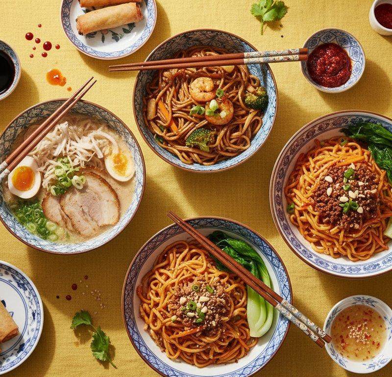 亚洲美食摄影：黄色桌布上的多款面条摆盘