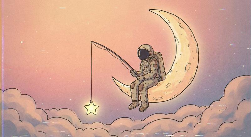宇航员坐在弯弯的月亮边钓星星