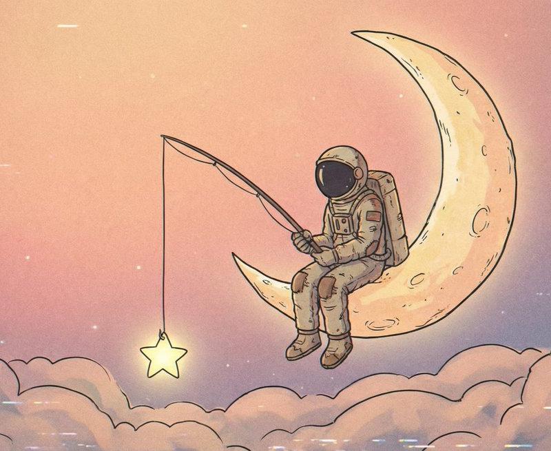 宇航员坐在弯弯的月亮边钓星星