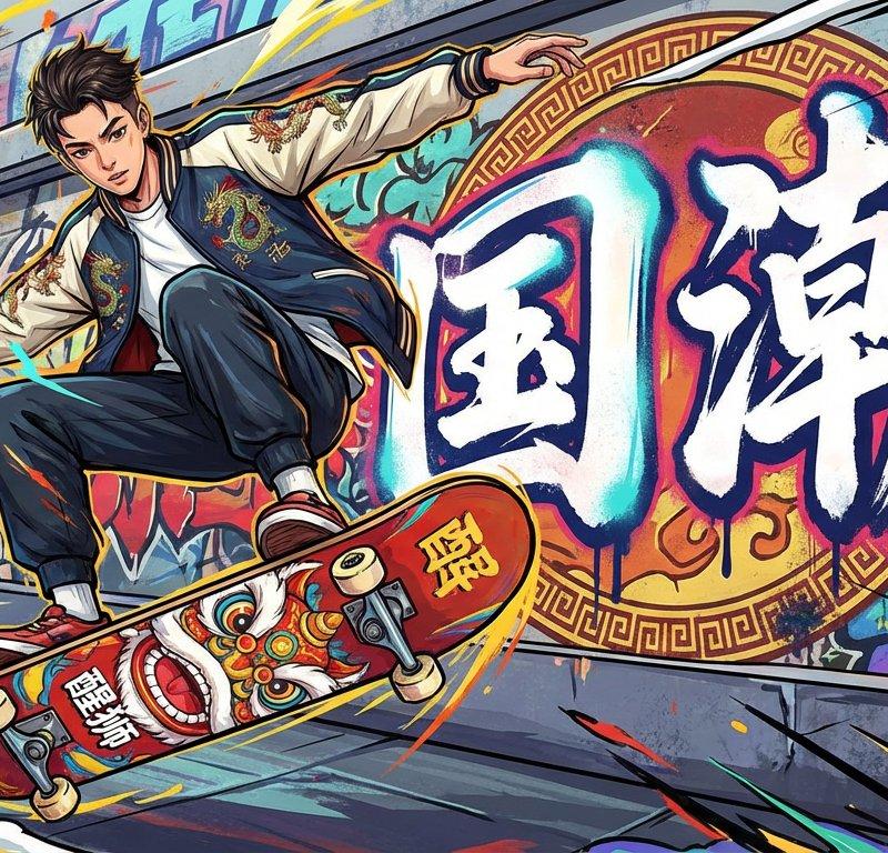 国潮插画：滑板少年与醒狮图案