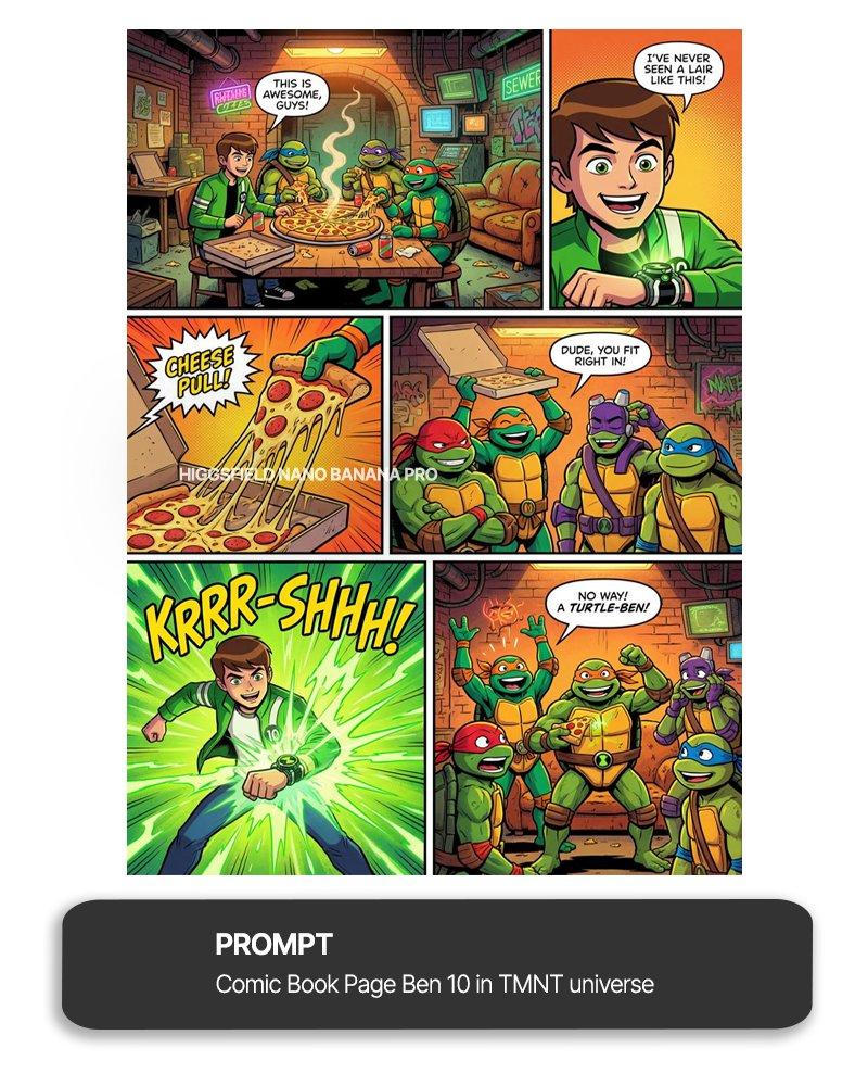 《纳米香蕉Pro》打造Ben 10与TMNT宇宙融合漫画页面