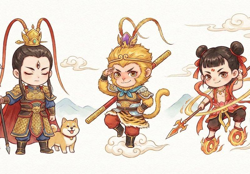 中国神话角色插画:二郎神、孙悟空、哪吒Q版组合