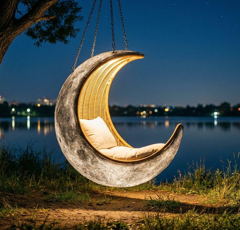 星空椅下的宁静湖畔夜晚