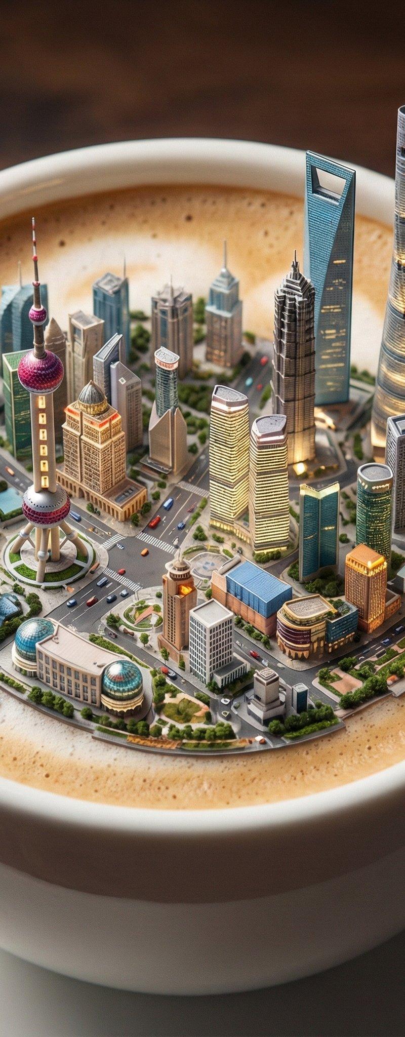 咖啡杯上漂浮的城市