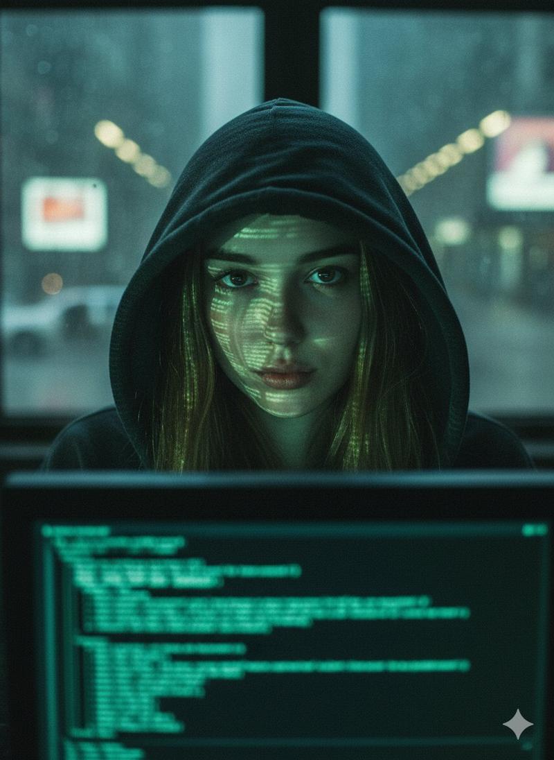 年轻女子身穿深色连帽衫的特写肖像