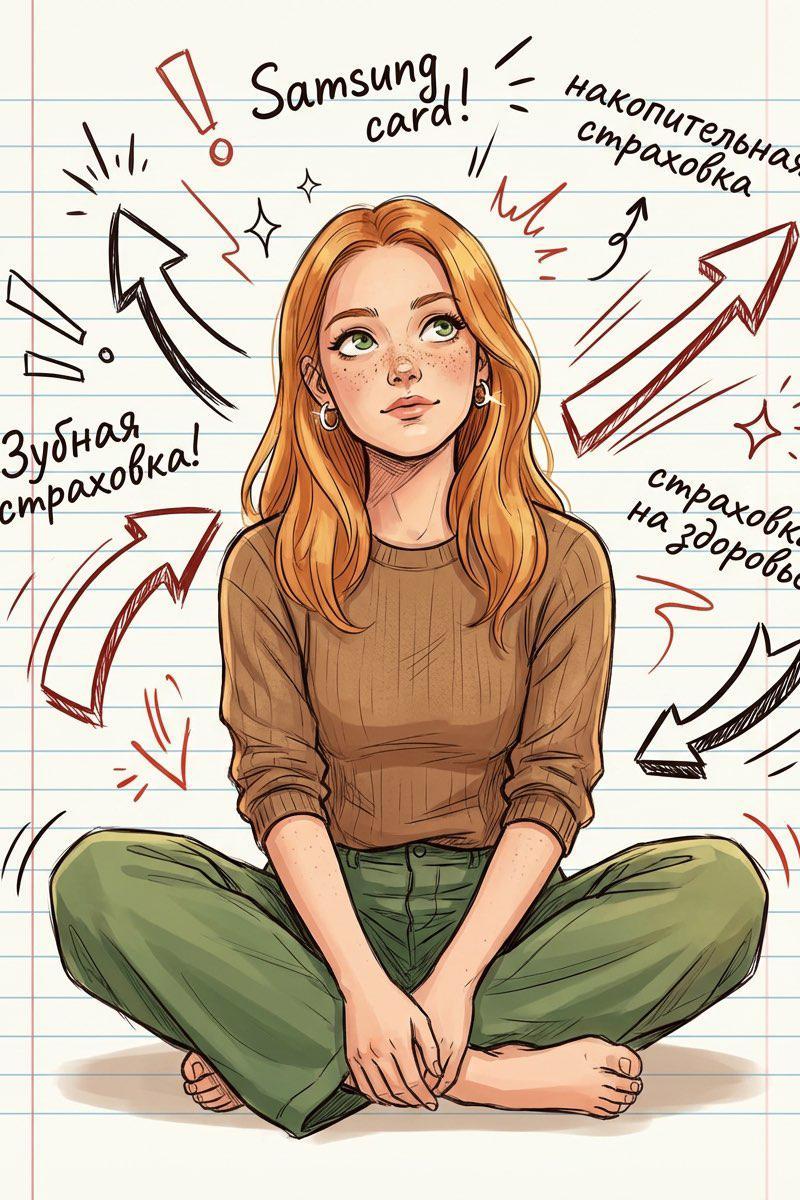 创意灵感插画：坐姿思考的年轻女性