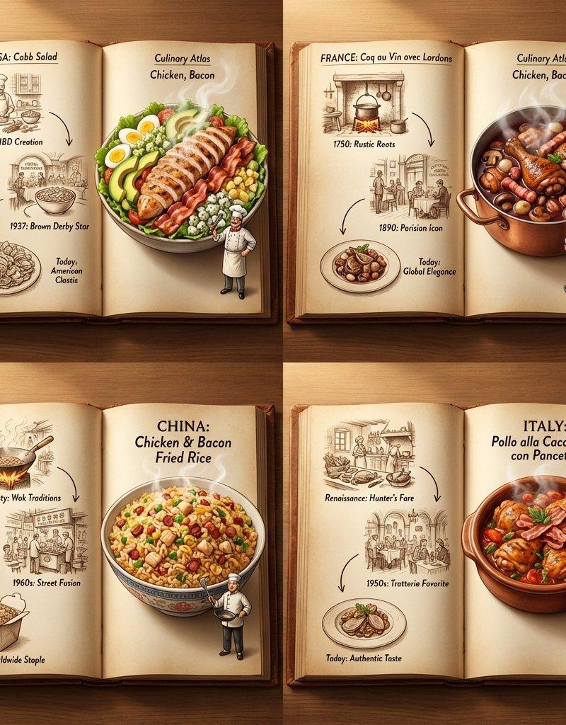 美食地图网格：使用指定食材的4个不同文化变体