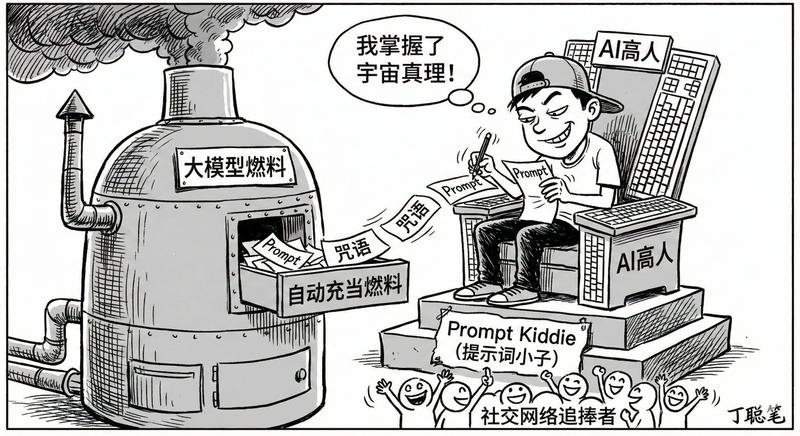 丁聪风格讽刺漫画：AI高人不过是提示词小子